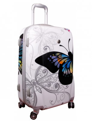 Пластиковый чемодан на 4 колесах Бабочка белая